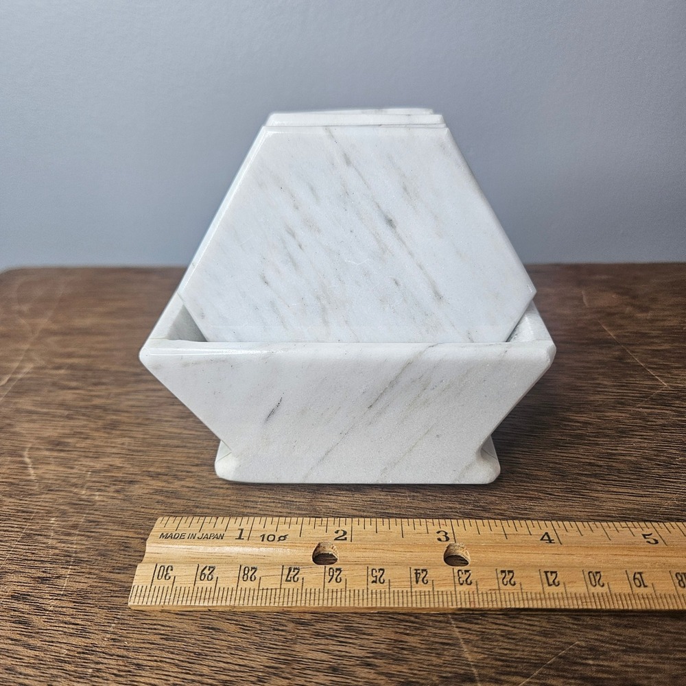 White Marble Hexagon Coasters Set of 5 Matching Caddy Holder Veined Gray Vtg